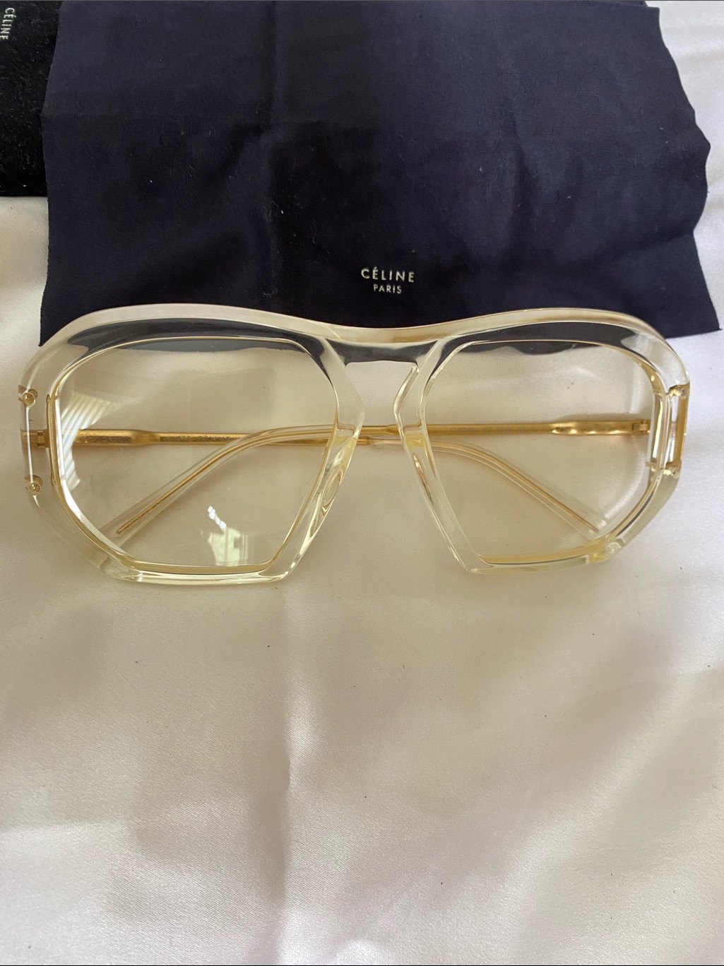 Celine Paris Distressed Gold Logo Arms Clear Oversized Unisex Sunglasses